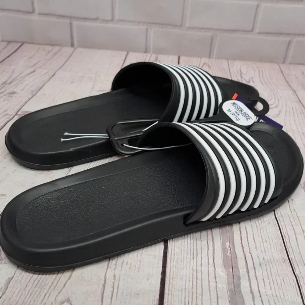Mission Ridge Mens Slides Black White Ribbed Strap Sandals Shoes Size 9/10